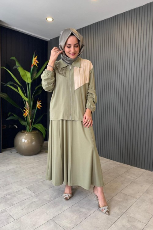 Levidor Pul İşlemeli Etekli Takım Çağla Yeşili