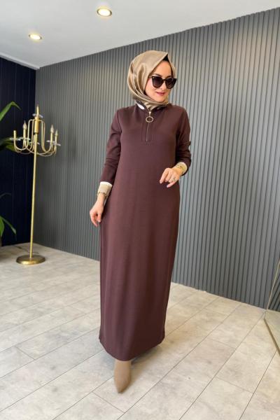 Levidor Simli Ribana Detaylı Elbise Kahve