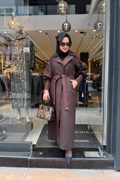 Omuzları Ribana Detaylı Belden Kuşaklı Kap Kahve