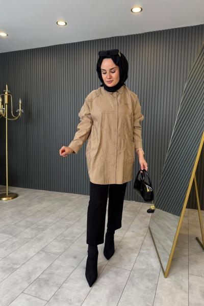 Düğmeli Dekoratif Dikişli Gömlek  Vizon