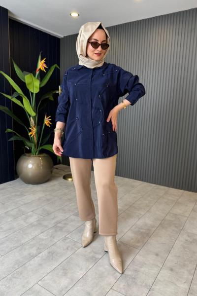 Düğmeli Dekoratif Dikişli Gömlek  Lacivert