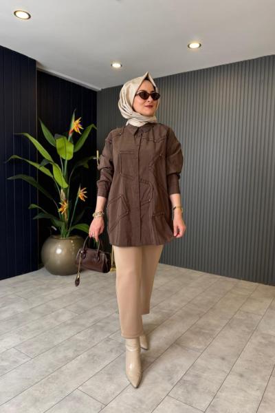 Düğmeli Dekoratif Dikişli Gömlek  Kahverengi