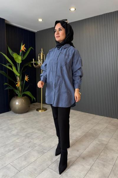 Düğmeli Dekoratif Dikişli Gömlek  İndigo Mavi