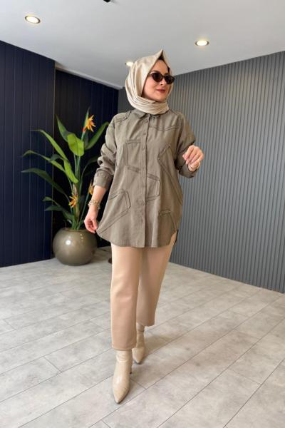 Düğmeli Dekoratif Dikişli Gömlek  Haki