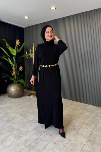 Balıkçı Yaka Kemer Aksesuarlı Triko Elbise Siyah