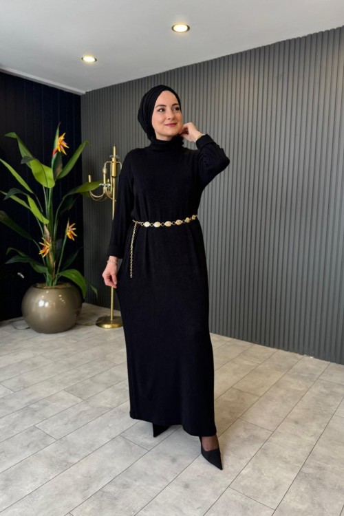 Balıkçı Yaka Kemer Aksesuarlı Triko Elbise Siyah