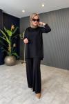 İşlemeli Pantolonlu Bambu Takım Siyah