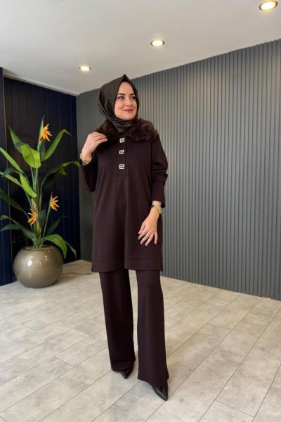 Yaka Kürk Detaylı Pantolonlu Takım Kahverengi