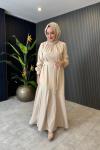 Kiana Deri Detaylı Krep Elbise Bej