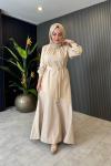 Kiana Deri Detaylı Krep Elbise Bej