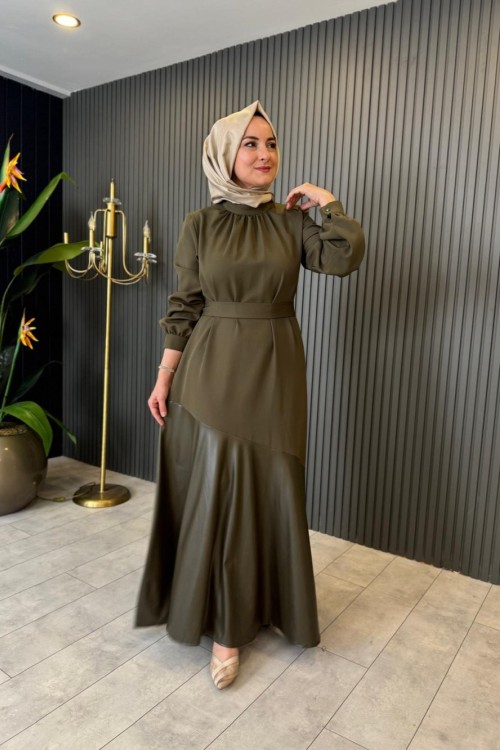 Kiana Deri Detaylı Krep Elbise Haki