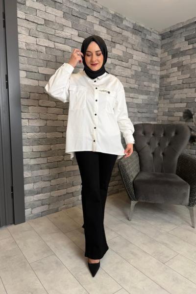 Arkası Allerli Bağlamalı Gömlek Ekru