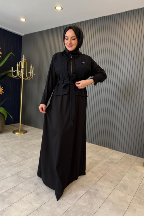 Bambu Taş Detaylı İkili Elbise Siyah