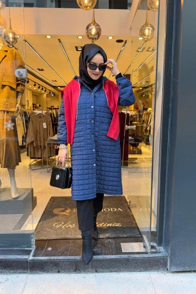 Kolları Lastikli Kapüşonlu Kap Mavi