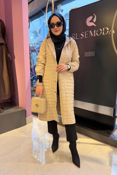 Kolları Lastikli Kapüşonlu Kap Bej