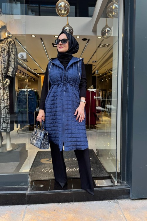 Belden Büzgülü Yelek Mavi