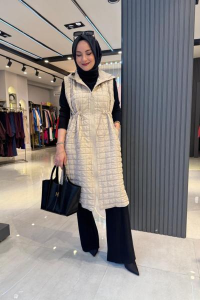 Belden Büzgülü Yelek Bej