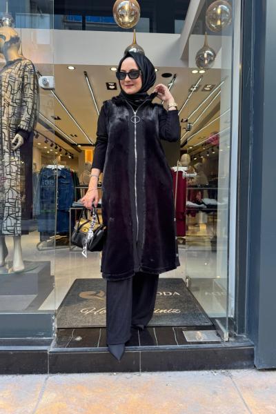 Yırtmaç Çıtçıtlı Pelüş Yelek Siyah