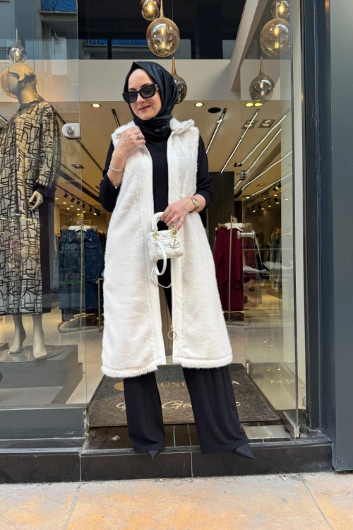 Yırtmaç Çıtçıtlı Pelüş Yelek Ekru