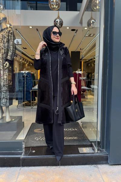 Şerit Detaylı Peluş Yelek Siyah