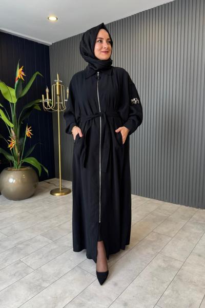 Önden Fermuarlı Taş Detaylı Kap Siyah