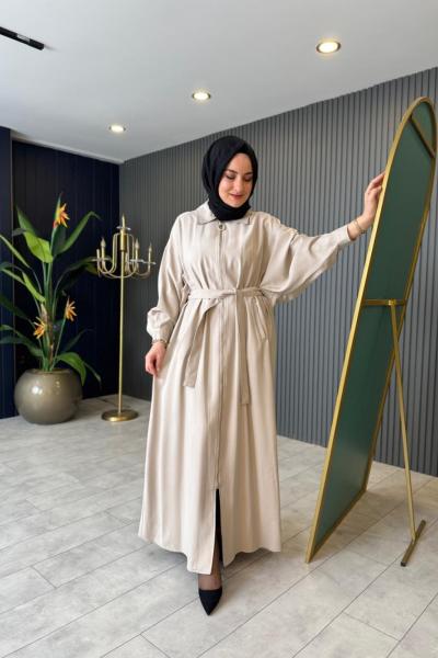 Önden Fermuarlı Taş Detaylı Kap Taş Rengi