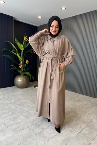 Önden Fermuarlı Taş Detaylı Kap Vizon