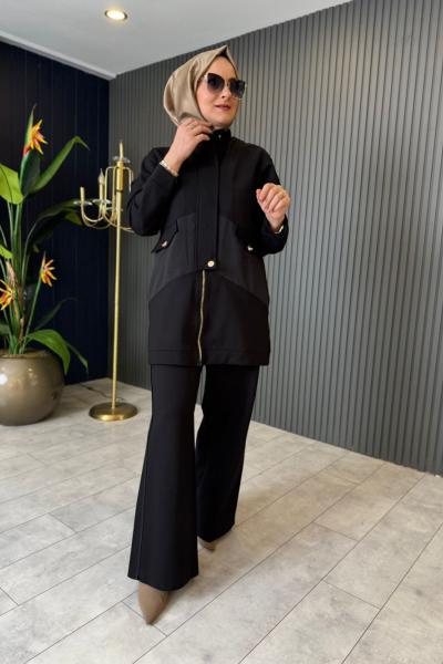 Önden Fermuarlı Pantolonlu Takım Siyah