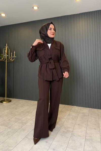 Nervürlü Kemersiz Çelik Pnatolon Kahve