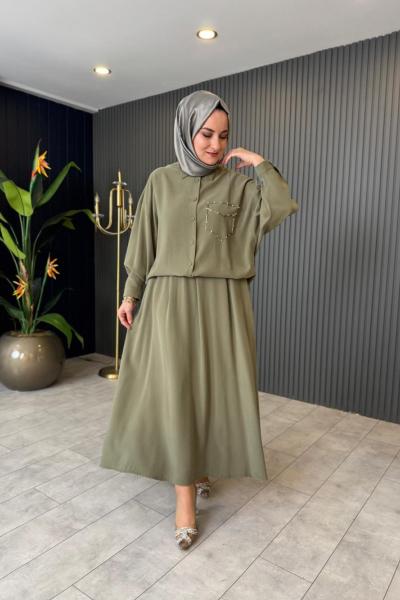 Tuniği Boncuk İşlemeli Etekli Takım Haki