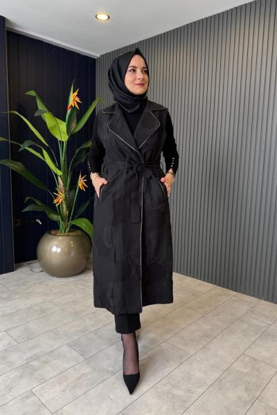 Işıltı Detaylı Kuşaklı Yelek Siyah