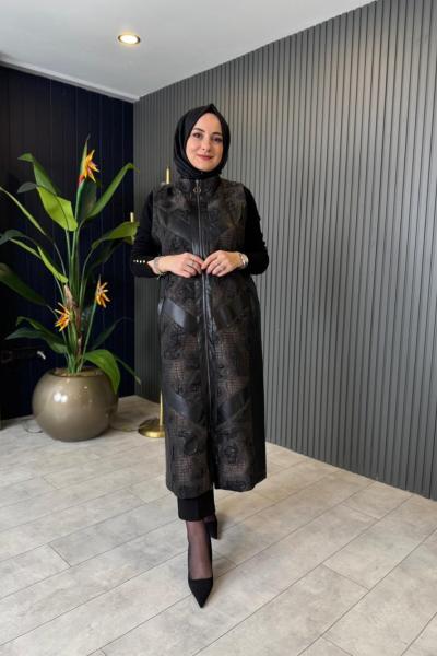 Orhan Jakar Detaylı Deri yelek Siyah Kahverengi