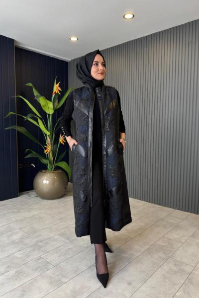 Orhan Jakar Detaylı Deri yelek Lacivert