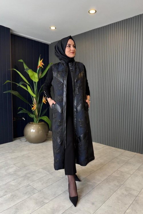 Orhan Jakar Detaylı Deri yelek Lacivert