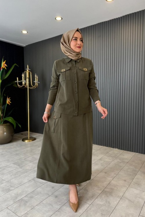 Cep Kapak Detaylı Tensel Etekli Takım Haki