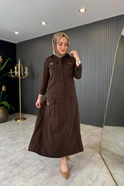 Cep Kapak Detaylı Tensel Etekli Takım Kahverengi