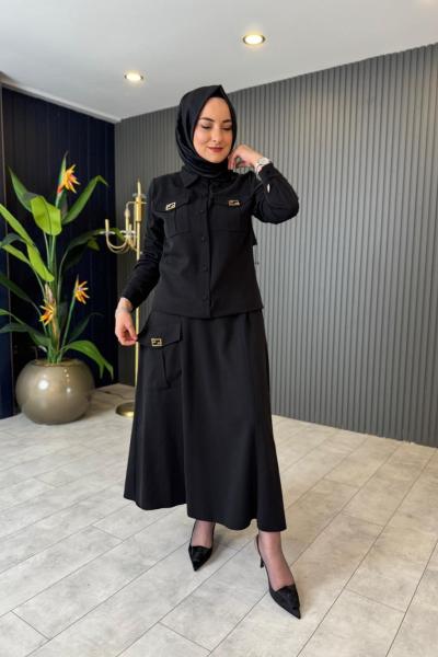 Cep Kapak Detaylı Tensel Etekli Takım Siyah