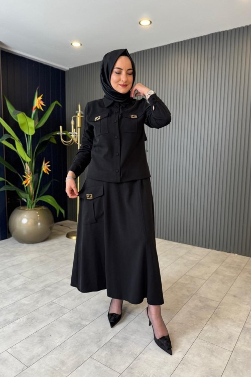 Cep Kapak Detaylı Tensel Etekli Takım Siyah