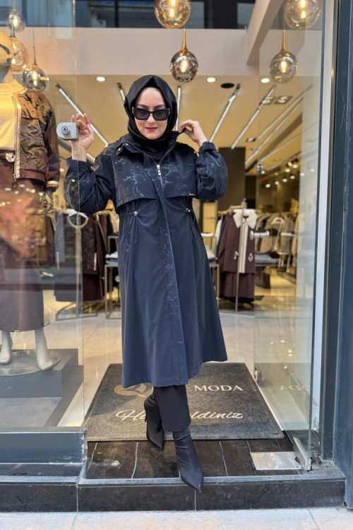 Varaklı Bel Büzgülü Mont Lacivert