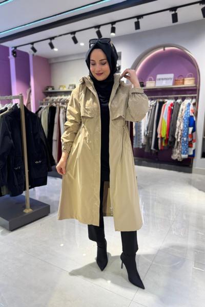 Varaklı Bel Büzgülü Mont Camel