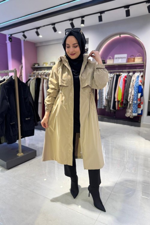 Varaklı Bel Büzgülü Mont Camel