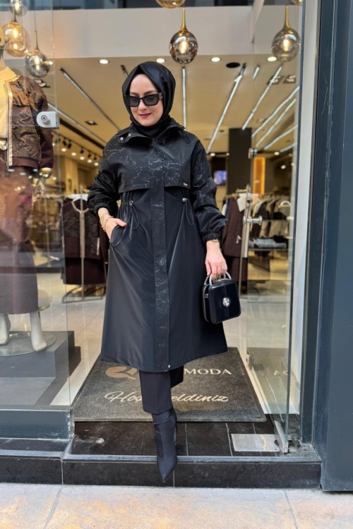 Varaklı Bel Büzgülü Mont Siyah