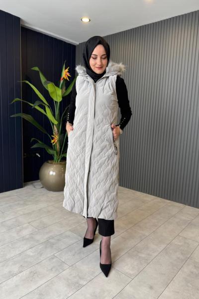 Yakası Kürklü Şişme Yelek Taş Rengi