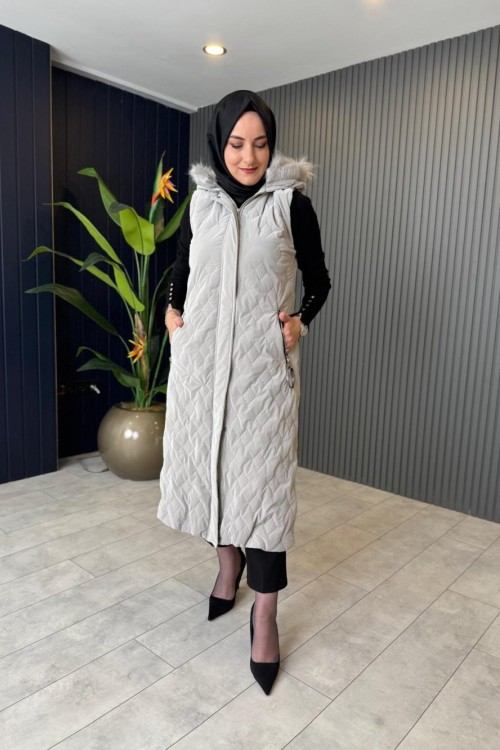 Yakası Kürklü Şişme Yelek Taş Rengi