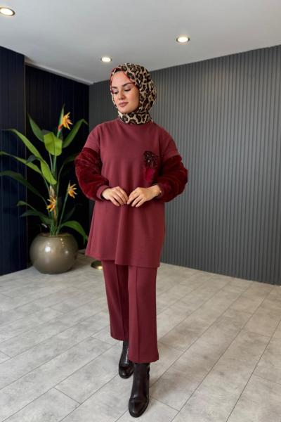 Kolları Gül Detaylı Peluş Takım Bordo