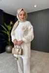 Kolları Gül Detaylı Peluş Takım Ekru