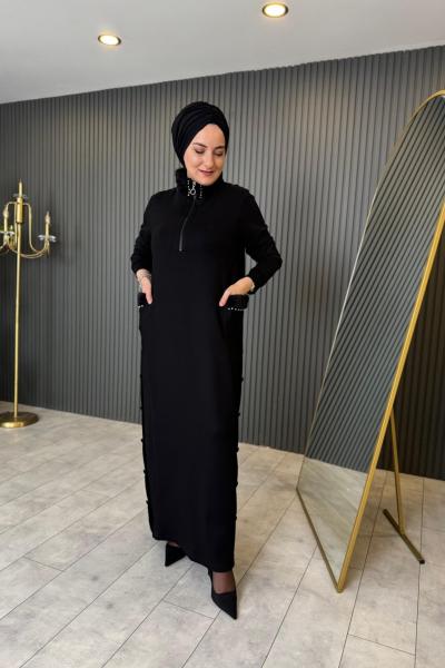Yakası Ve Cepleri Peluş Detaylı Oysho Elbise Siyah