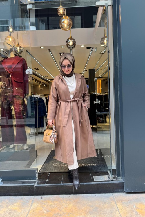 Biye Detaylı Fermuarlı Dubai Garnili Kap Camel