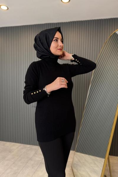 Kolları Metal Detaylı Balıkçı Yaka Triko Kazak Siyah