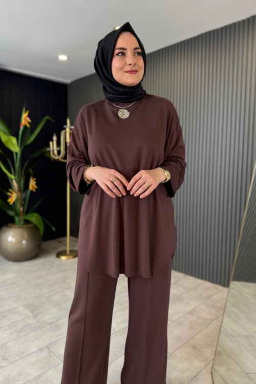 Hüma Rahat Pantolon Takım Kahverengi